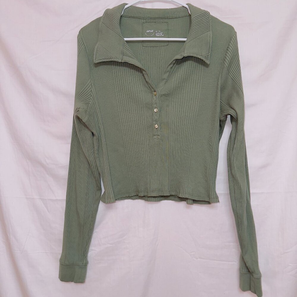 Aerie Green Long Sleeve Ribbed Knit Cropped Henley Top size XXL